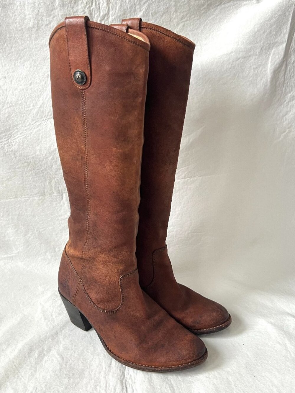 Frye boots knee high womens 8 Jackie Button brown leather pull on block heel